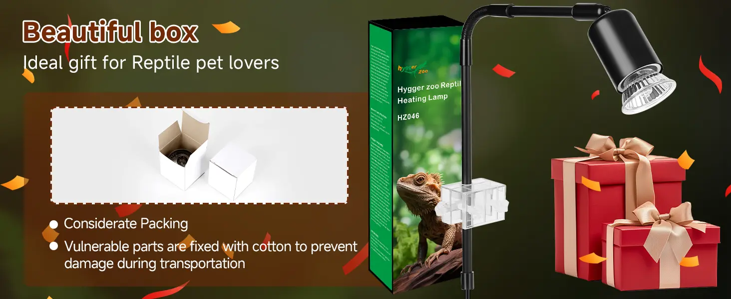 Hygger Zoo Reptile Heating Lamp HZ046 with elegant packaging for reptile pet lovers, featuring cotton padding for safe shippi