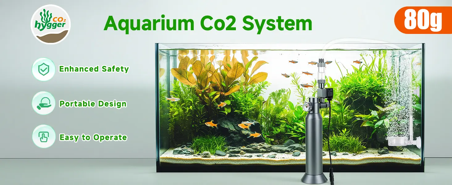 The Hygger HC045 80g aquarium CO₂ system is shown installed on a planted fish tank, highlighting its key features: enhanced safety, portable design, and easy operation. This complete kit includes a regulator, solenoid valve, and diffuser, delivering precise CO₂ injection for lush, healthy aquatic plants.