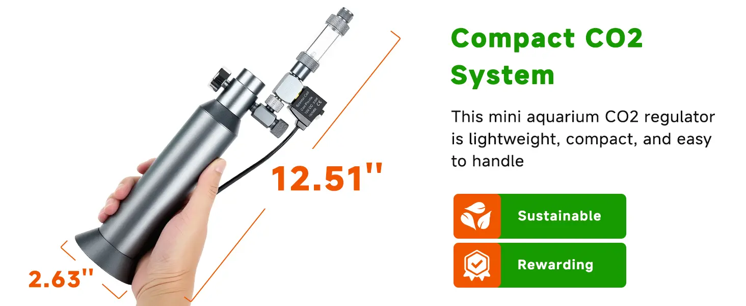 Hygger HC045 compact aquarium CO₂ system held in hand, showing lightweight, portable design with dimensions 12.51" x 2.63", highlighting its small size and easy handling for planted tanks.