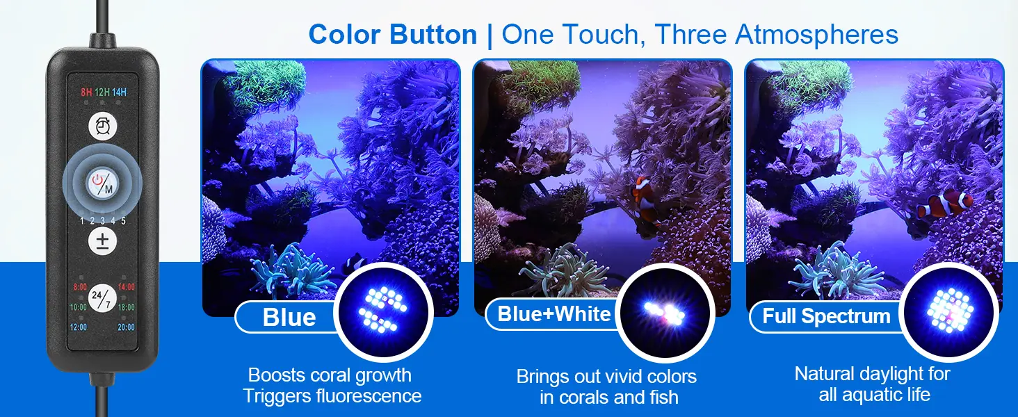 Hygger HG265 aquarium light 3 color modes (Blue, Blue+White, Full Spectrum) demonstration with controller, showing coral tank lighting effects