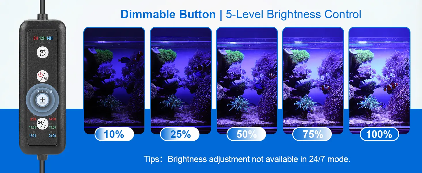 Hygger HG265 aquarium light 5-level dimmable brightness control demonstration (10%-100%) with controller, showing light intensity levels for reef tanks