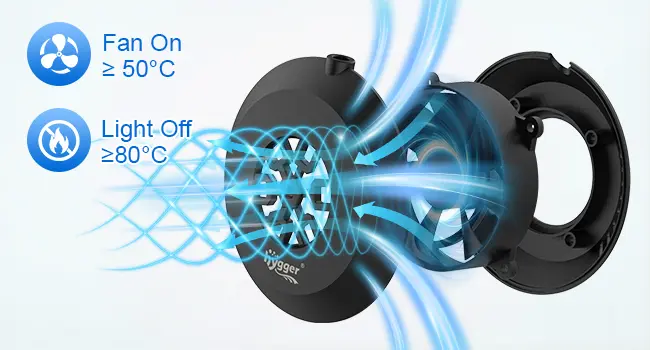Hygger HG265 aquarium light cooling system with built-in fan, featuring auto fan on at 50°C and overheat protection shut-off at 80°C