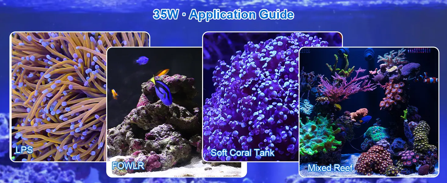 Hygger HG265 35W reef aquarium light application guide, showing usage for LPS, FOWLR, soft coral, and mixed saltwater tanks