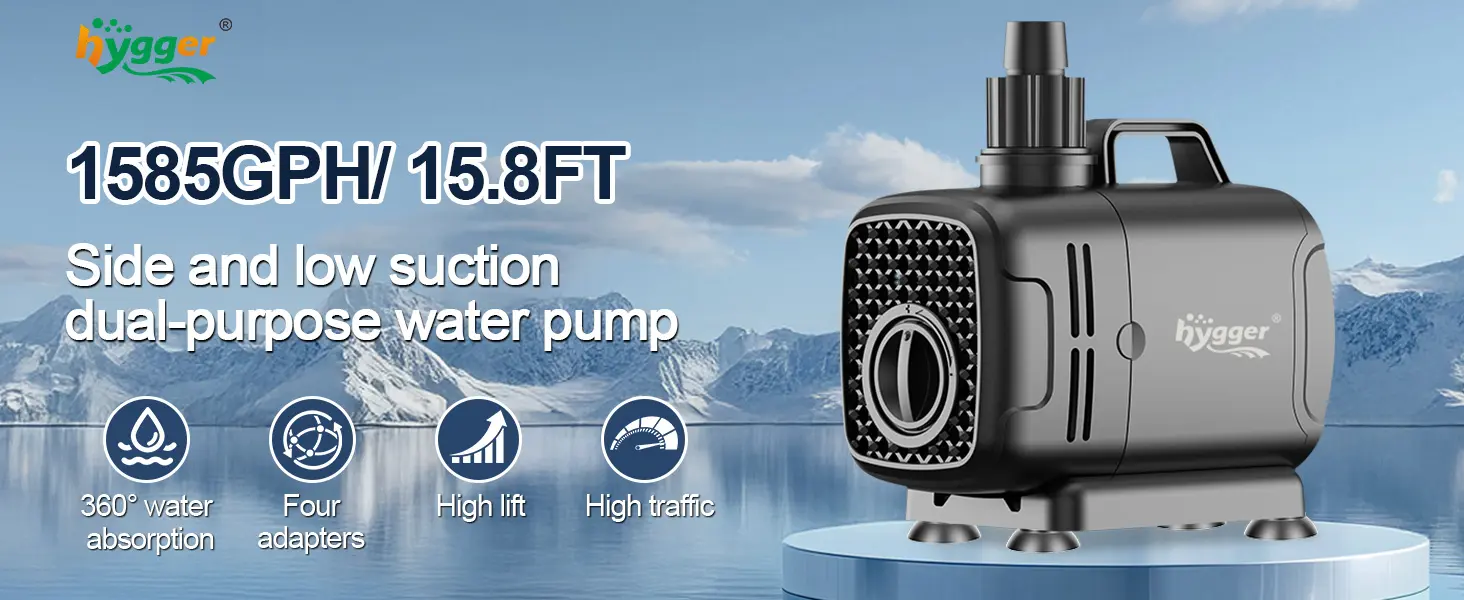 The Hygger HG286 submersible water pump features a powerful 1585 GPH flow rate and a 15.8-foot maximum lift height. It is a dual-purpose pump with both side and low water suction capabilities, supporting 360-degree water absorption. The package includes four outlet adapters for versatile installation, making it ideal for large aquariums, ponds, fountains, hydroponics, and water feature applications that require high lift and high traffic performance.