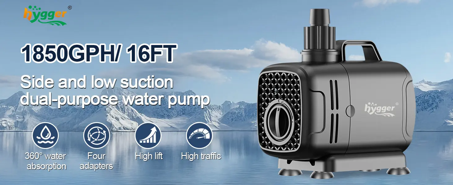 The Hygger HG286 submersible water pump delivers a powerful 1850 GPH flow rate with a 16-foot maximum lift height. It is a dual-purpose pump featuring both side and low water suction for full 360° water absorption, comes with four outlet adapters for flexible installation, and offers exceptional high-lift performance and high traffic capacity. This pump is ideal for large aquariums, ponds, waterfalls, hydroponics, and demanding water feature applications.