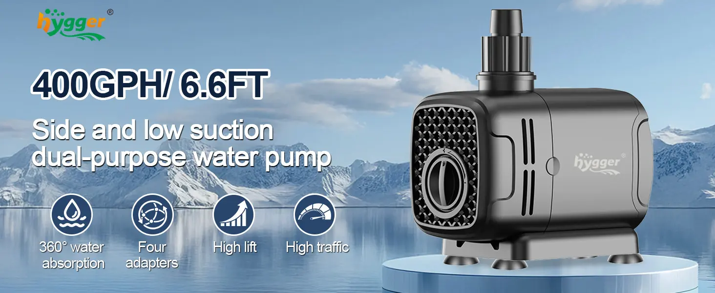The Hygger HG286 submersible water pump features 400 GPH flow rate and a 6.6-foot lift height. It is a dual-purpose pump with both side and low suction capabilities, supporting 360-degree water absorption. The package includes four outlet adapters for versatile installation. Ideal for aquariums, fountains, hydroponics, and water features, this pump offers high lift and high traffic performance.