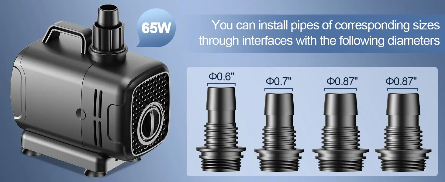 The 65W Hygger HG286 water pump comes with four outlet adapters, supporting pipes with inner diameters of 0.6", 0.7", and 0.87" (two adapters for the 0.87" size). This flexible tubing compatibility makes it suitable for large aquariums, ponds, waterfalls, and other water feature applications requiring higher flow rates.