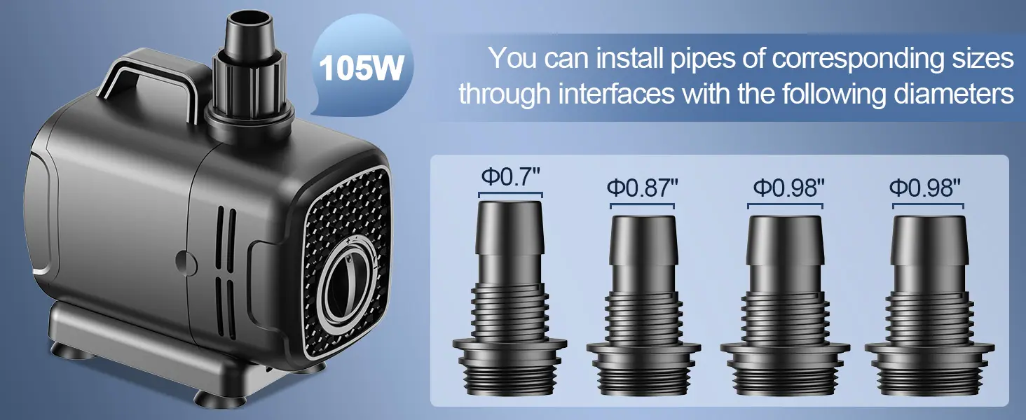 The 65W Hygger HG286 water pump comes with four outlet adapters, supporting pipes with inner diameters of 0.6", 0.7", and 0.87" (two adapters for the 0.87" size). This flexible tubing compatibility makes it suitable for large aquariums, ponds, waterfalls, and other water feature applications requiring higher flow rates.