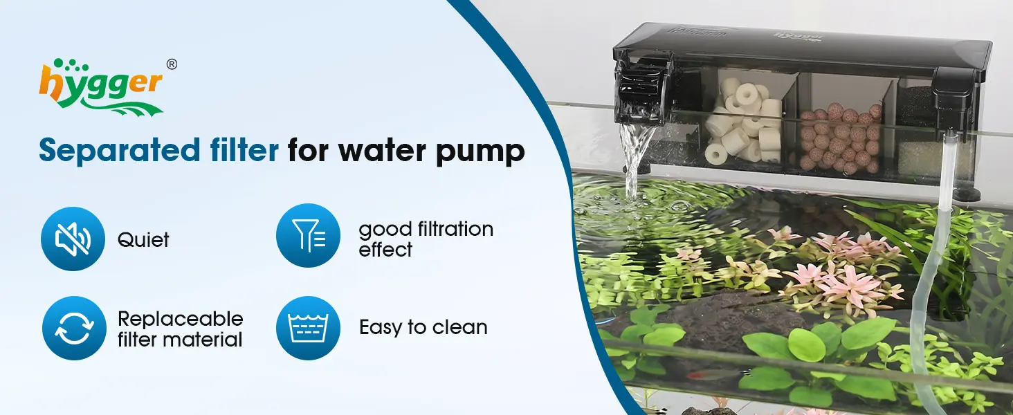 Hygger HG287 hang-on-back aquarium filter with separate pump, featuring quiet operation, good filtration effect, replaceable filter media, and easy-to-clean design for freshwater tanks