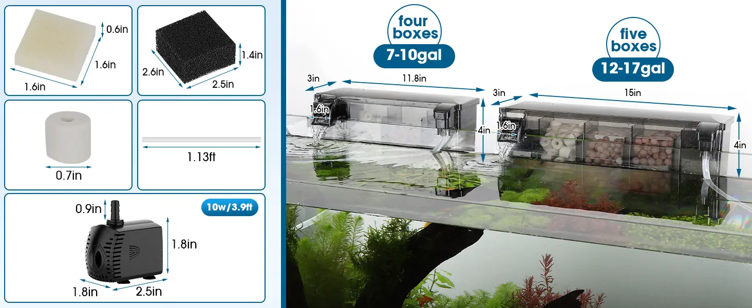 Hygger HG287 aquarium filter specifications, showing 4-box (7-10gal) and 5-box (12-17gal) models, filter media sizes, and 10W pump dimensions
