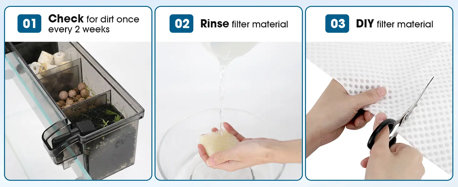Hygger HG287 aquarium filter maintenance guide: check dirt every 2 weeks, rinse filter media, and customize DIY filter materials for freshwater tanks