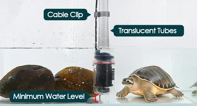 Hygger HG298 aquarium gravel cleaner features shown in turtle tank use: cable clip to organize power cord, translucent tubes for clear visibility during cleaning, and low minimum water level requirement for versatile use in freshwater, saltwater, and turtle tanks
