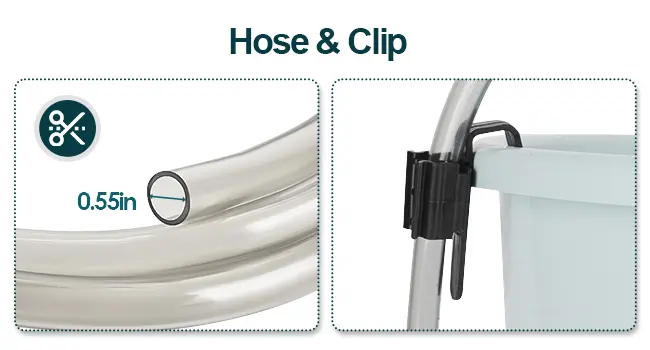 Hygger HG298 aquarium gravel cleaner hose and clip details: 0.55-inch translucent water hose with a hands-free clip to secure the hose during water changes, preventing slipping and freeing up your hands for other tasks
