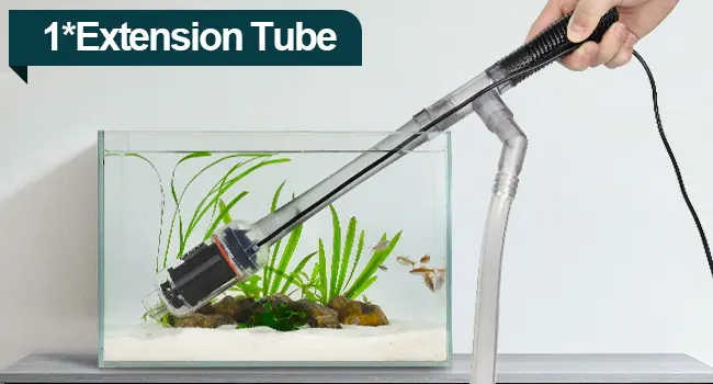Hygger HG298 aquarium gravel cleaner extension tube in use, extending the handle to reach deeper parts of the tank while maintaining comfortable grip. The translucent tube allows visibility of water flow during cleaning and water changes in freshwater and saltwater aquariums.