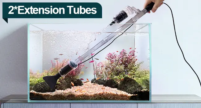 Hygger HG298 aquarium gravel cleaner with two extension tubes attached, providing extra-long reach for cleaning deep or large aquariums. The translucent design lets you monitor gravel cleaning and debris removal in freshwater and saltwater tanks.