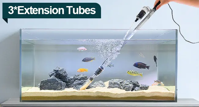 Hygger HG298 aquarium gravel cleaner with three extension tubes attached, offering maximum reach for cleaning extra-large or deep aquariums. The translucent tubes allow full visibility of water flow and gravel cleaning process, ideal for freshwater and saltwater tanks.