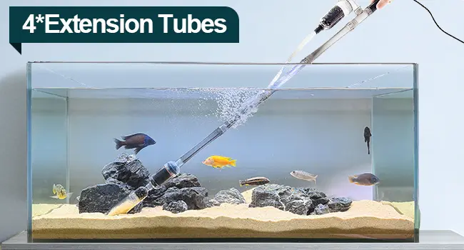 Hygger HG298 aquarium gravel cleaner with four extension tubes attached, providing the maximum possible reach for cleaning the largest and deepest aquariums. The fully extended setup allows comfortable cleaning without leaning over, while the translucent tubes let you monitor water flow and debris removal in both freshwater and saltwater tanks.