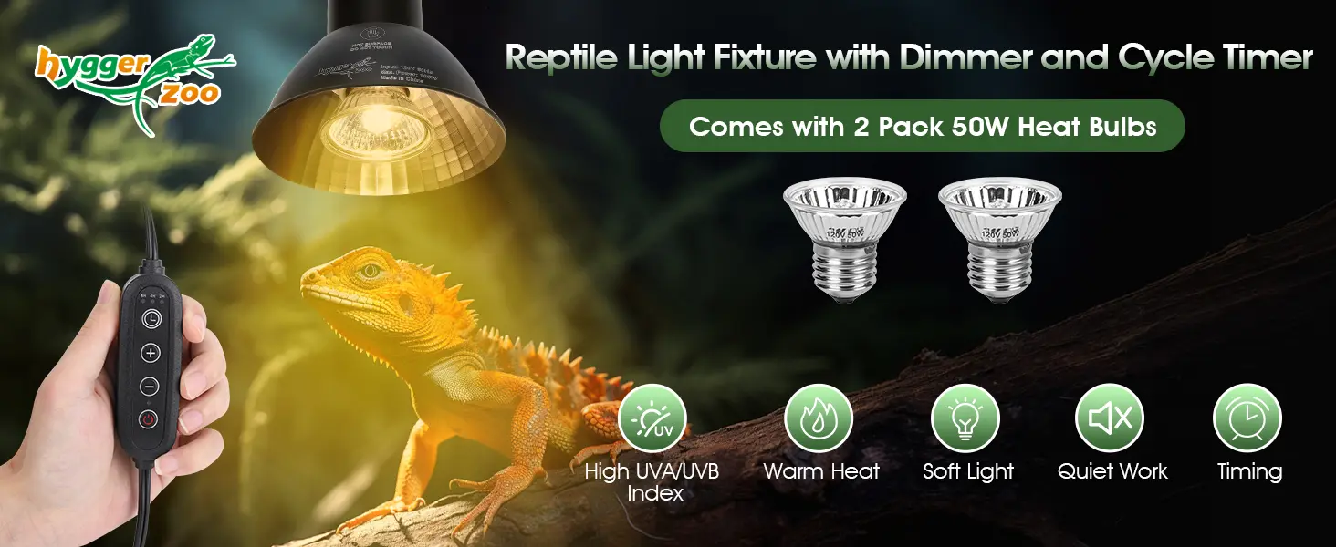 Hygger ZOO HZ056 reptile heating light fixture with dimmer and cycle timer, shown with 2 pack 50W heat bulbs, highlighting high UVA/UVB index, warm heat, soft light, quiet operation, and programmable timing for reptile terrariums.