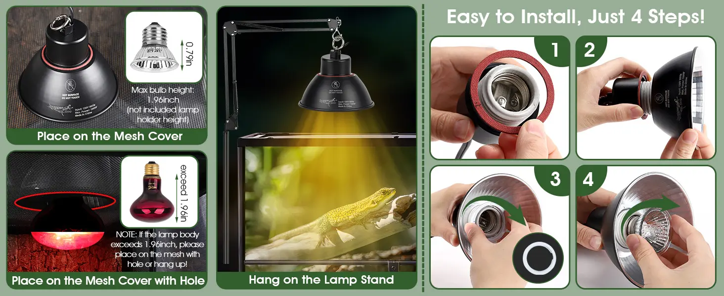 Step-by-step installation guide for the Hygger HZ056 reptile heat lamp, showing 4 easy assembly steps, multiple placement options (mesh cover, mesh with hole, lamp stand), and bulb size specifications for safe terrarium setup.