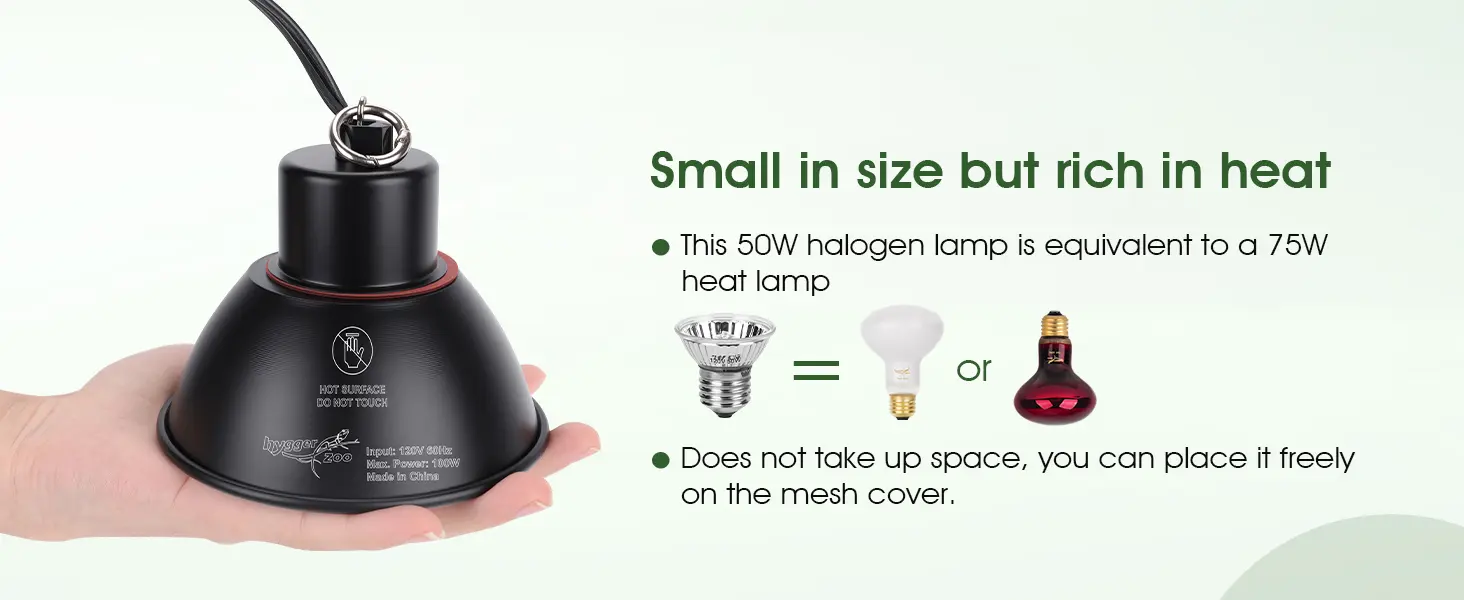 Close-up of the compact Hygger HZ056 reptile light fixture, showing its small, space-saving design and high heat efficiency. The 50W halogen bulb provides equivalent heat output to a 75W standard reptile heat lamp, ideal for terrarium mesh covers.