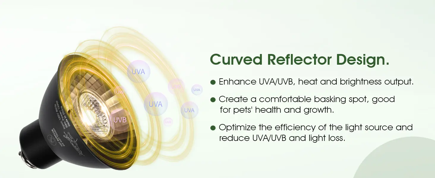 Close-up of the Hygger HZ056 reptile heat lamp’s curved reflector design, showing enhanced UVA/UVB, heat, and brightness output to create a comfortable basking spot while optimizing light efficiency and reducing energy loss.
