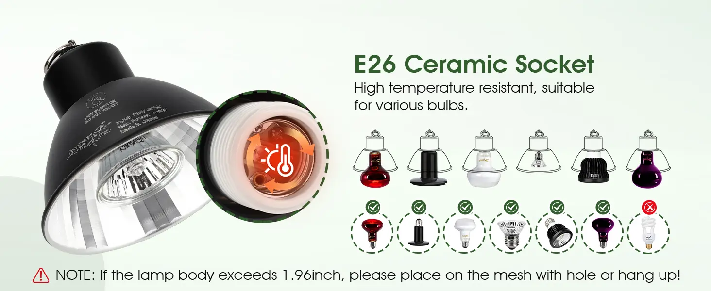 Hygger HZ056 reptile heat lamp with high-temperature resistant E26 ceramic socket, compatible with various bulb types (halogen, infrared, incandescent, etc.) for terrarium use, with safety note for oversized bulbs.