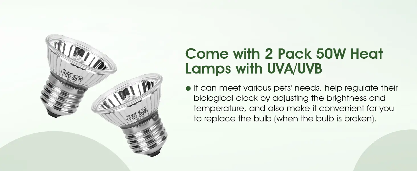 Two-pack of Hygger HZ056 reptile 50W heat bulbs with UVA/UVB output, designed to regulate pets' biological clocks, adjust brightness and temperature, and provide easy replacement for terrarium heating.