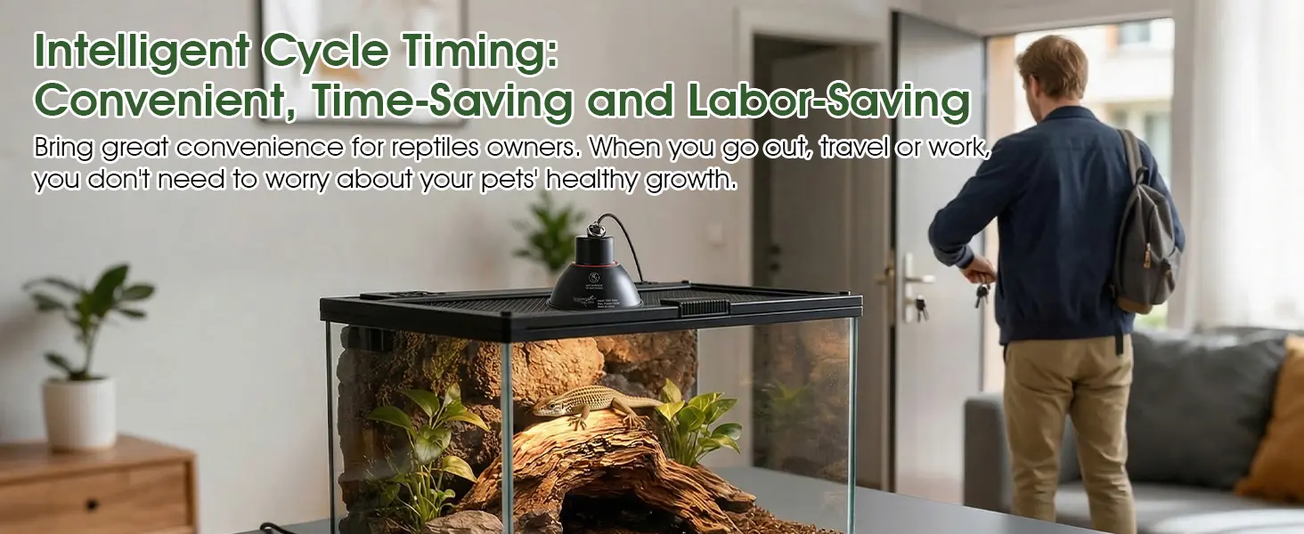 Hygger HZ056 reptile heat lamp with intelligent cycle timer installed on a terrarium, showing hands-free operation that lets reptile owners travel or work worry-free while maintaining their pets' healthy heating and lighting schedule.